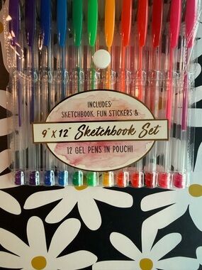Sketchbook Set with 12 Gel Pens & Stickers- Assorted Colors New
